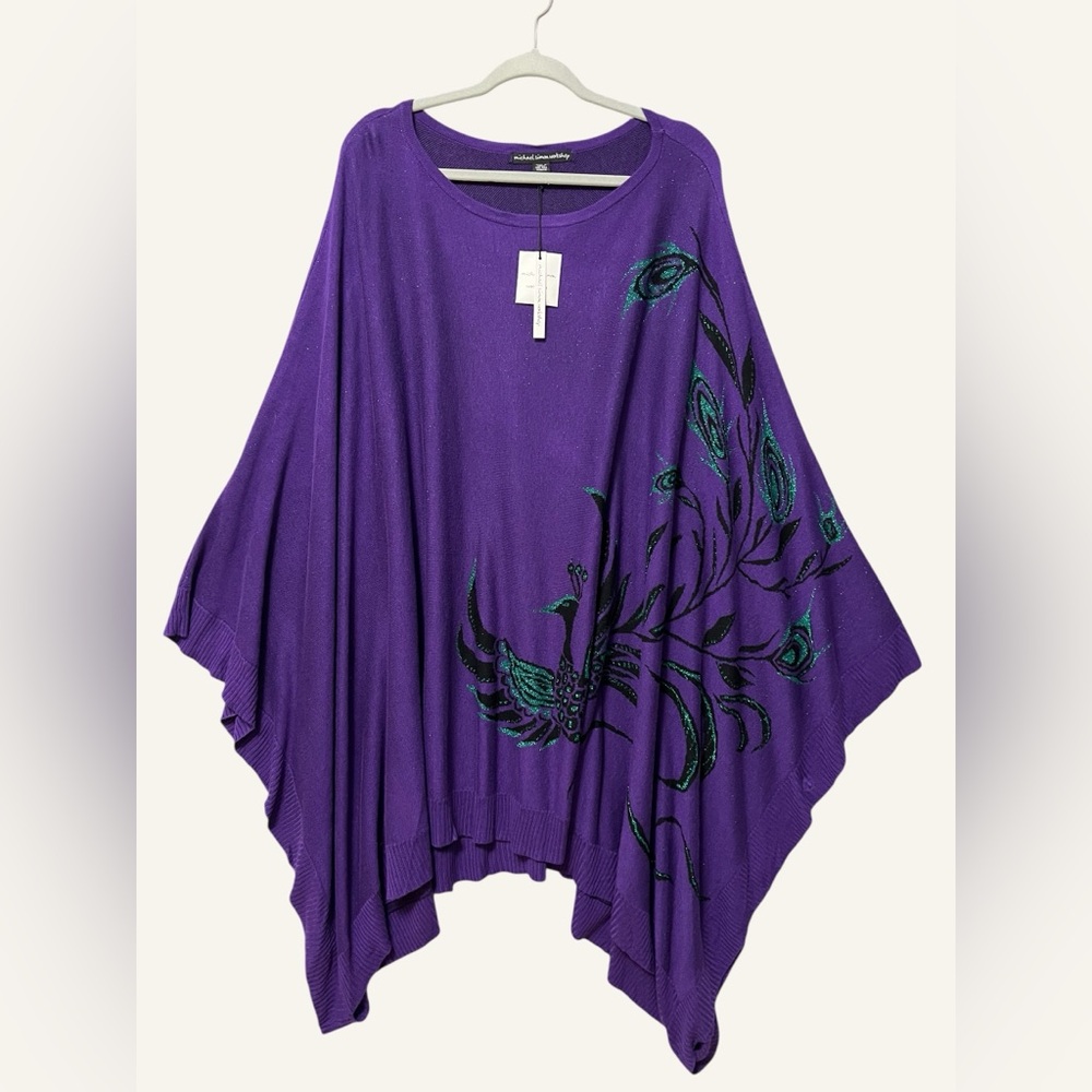 Michael Simon Glitter Peacock Poncho Sweater NWT OS Woman Purple Art to Wear